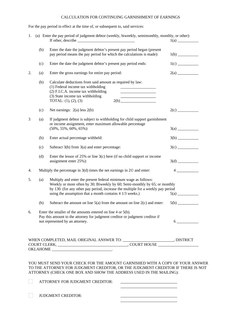 Oklahoma Calculation Garnishment  Form