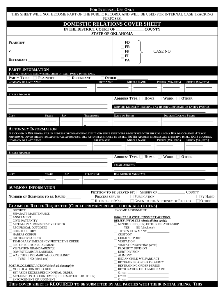 Oklahoma Cover Sheet  Form