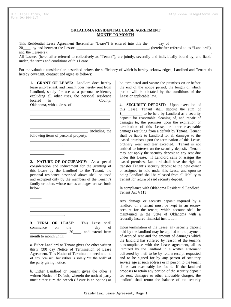 Residential Lease or Rental Agreement for Month to Month Oklahoma  Form