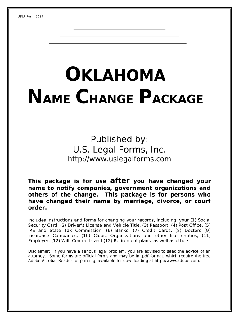 Name Change Notification Package for Brides, Court Ordered Name Change, Divorced, Marriage for Oklahoma Oklahoma  Form