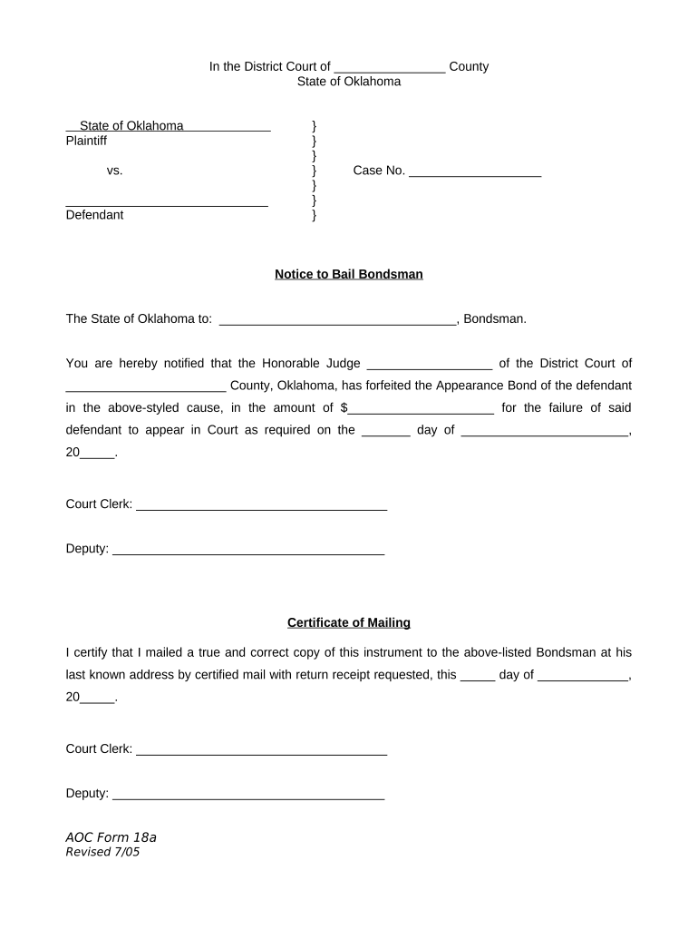 Notice to Bail Bondsman Oklahoma  Form