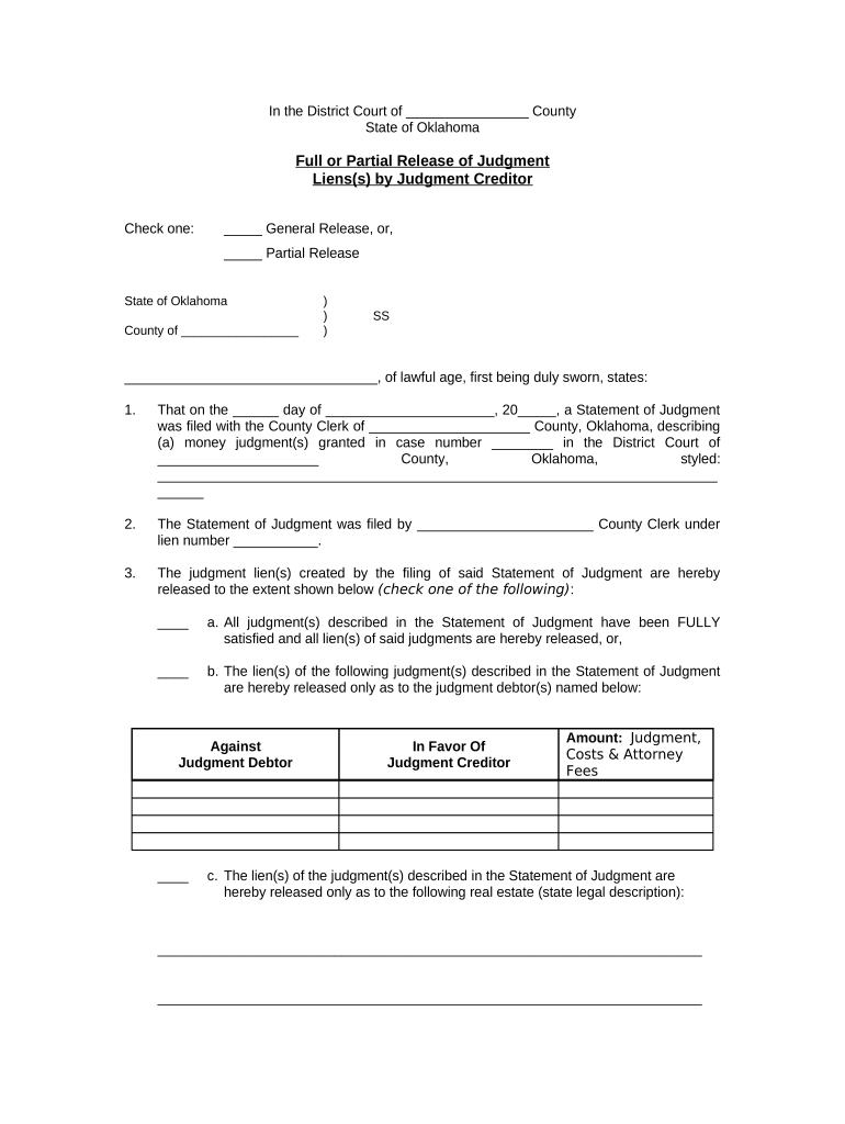 Oklahoma Release Liens  Form