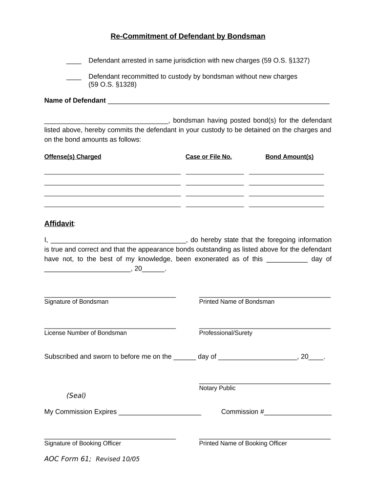 Recommitment of Defendant by Bondsman Oklahoma  Form