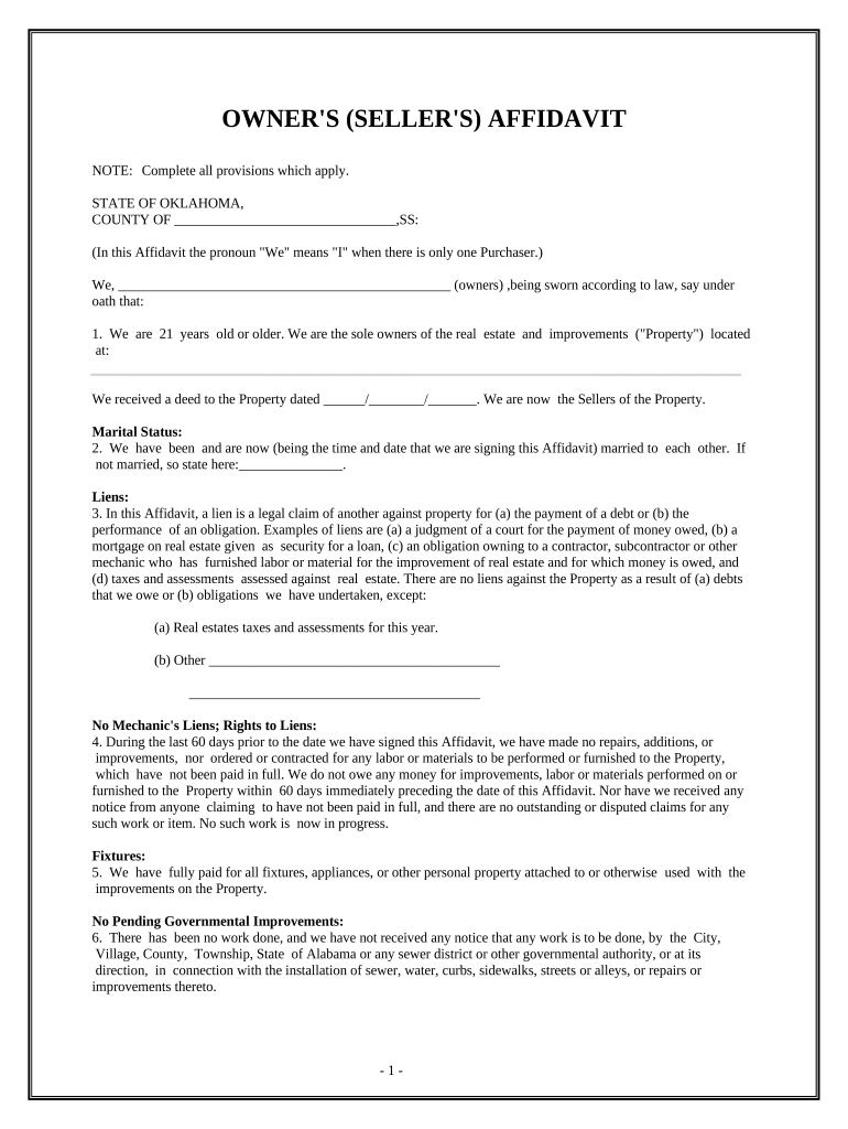 Owner's or Seller's Affidavit of No Liens Oklahoma Form