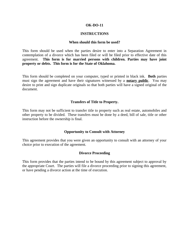 Marital Domestic Separation and Property Settlement Agreement Minor Children Parties May Have Joint Property or Debts Where Divo  Form