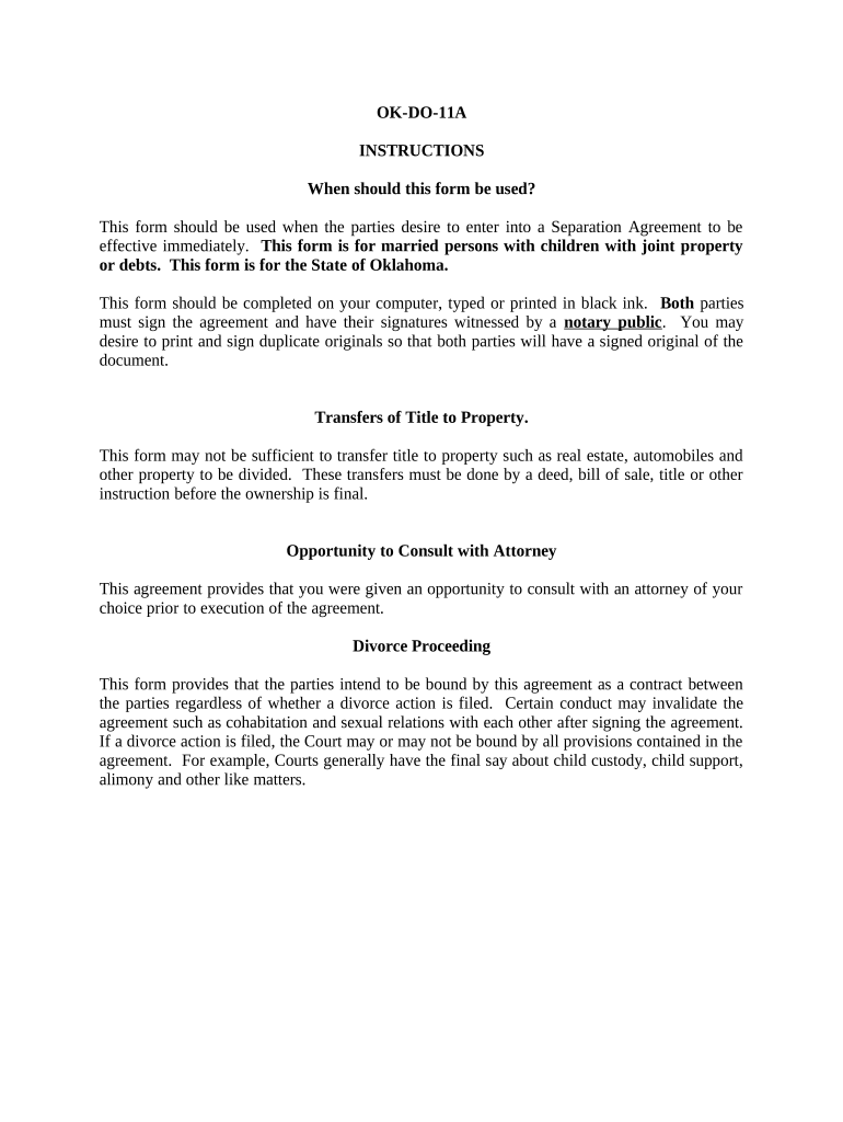 Marital Domestic Separation and Property Settlement Agreement Minor Children Parties May Have Joint Property or Debts Effective   Form