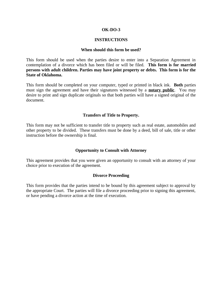 Marital Domestic Separation and Property Settlement Agreement Adult Children Parties May Have Joint Property or Debts Where Divo  Form