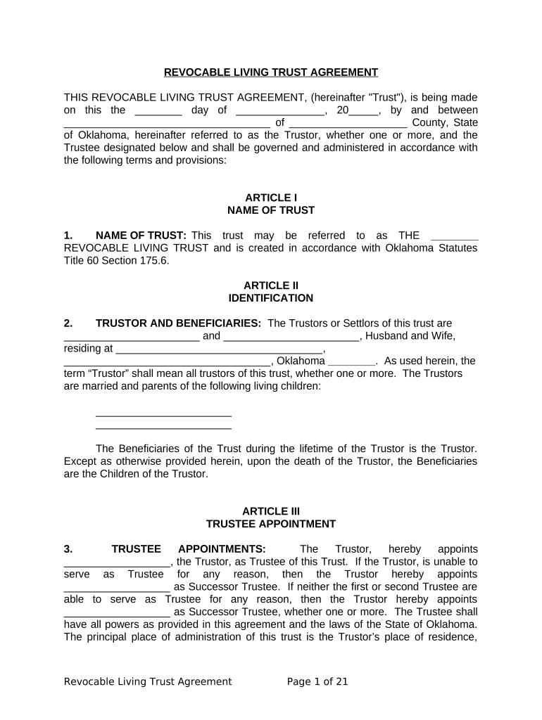 Living Trust for Husband and Wife with Minor and or Adult Children Oklahoma Form