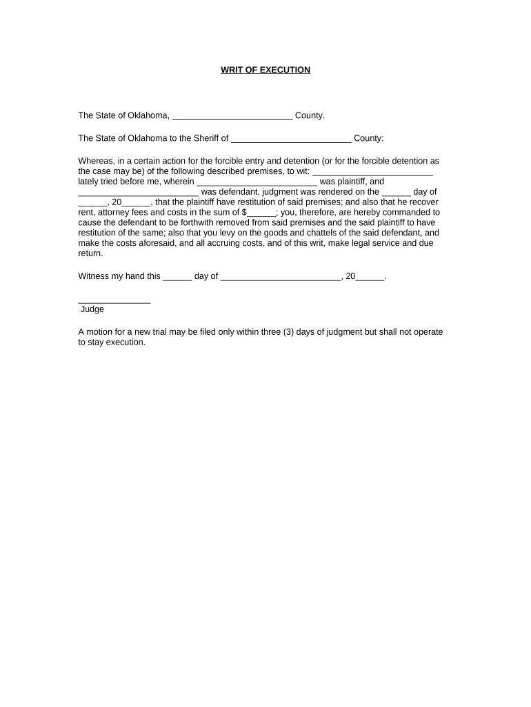 Oklahoma Writ Execution  Form