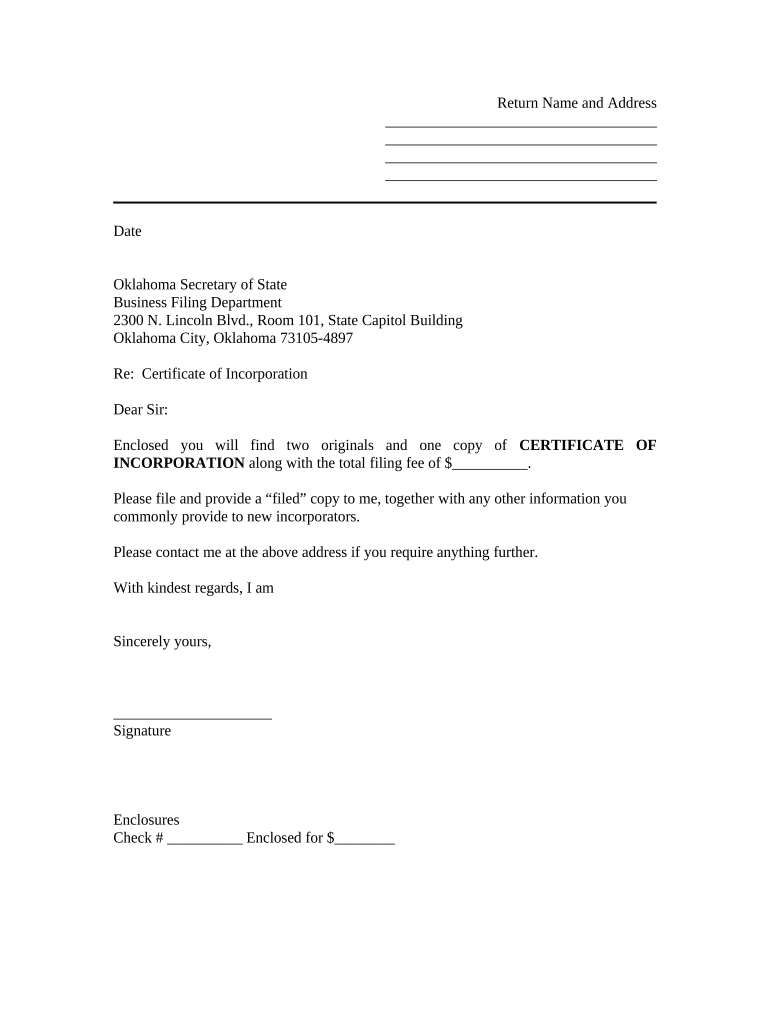 Sample Transmittal Letter to Secretary of State's Office to File Articles of Incorporation Oklahoma Oklahoma  Form