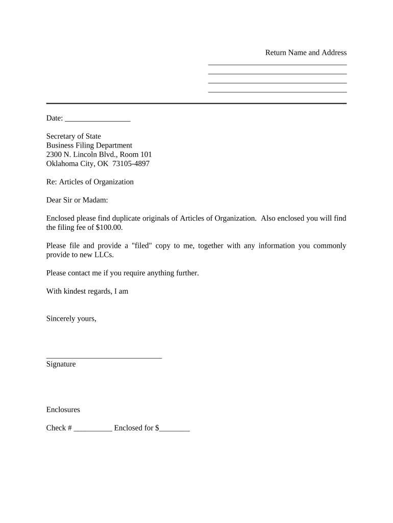 Sample Cover Letter for Filing of LLC Articles or Certificate with Secretary of State Oklahoma  Form