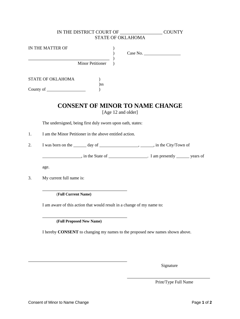 Oklahoma Name Change Minor  Form