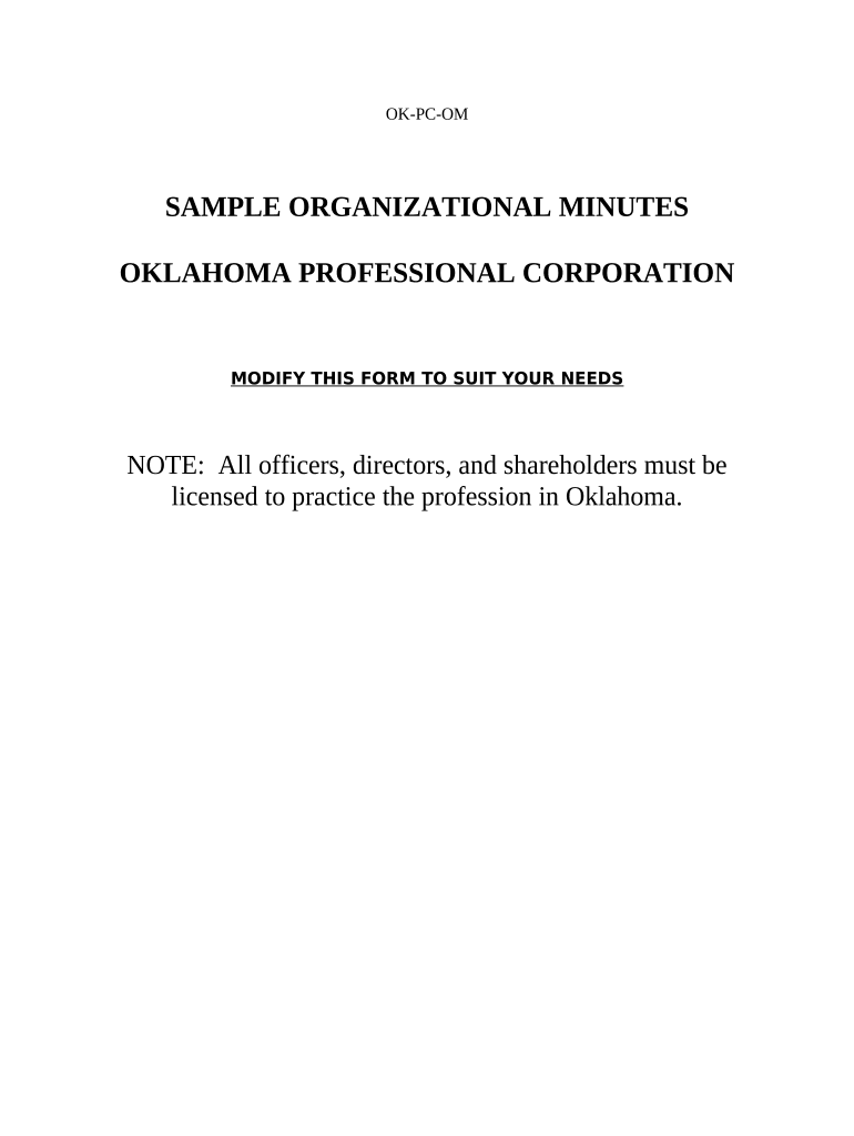 Organizational Minutes for an Oklahoma Professional Corporation Oklahoma  Form