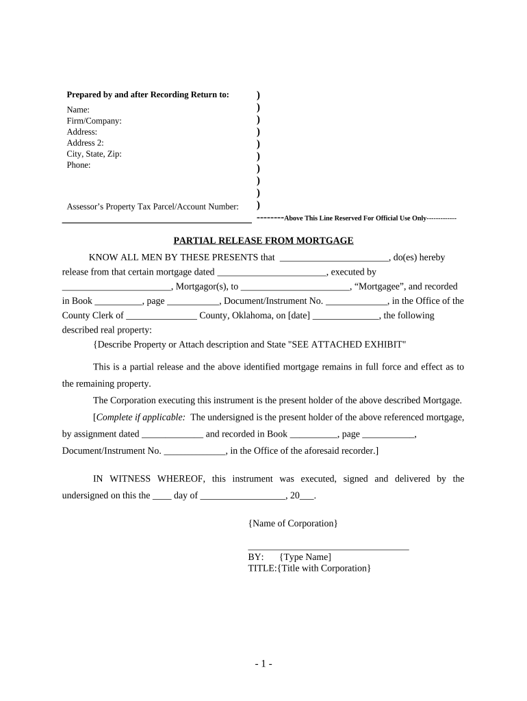 Partial Release of Property from Mortgage for Corporation Oklahoma  Form