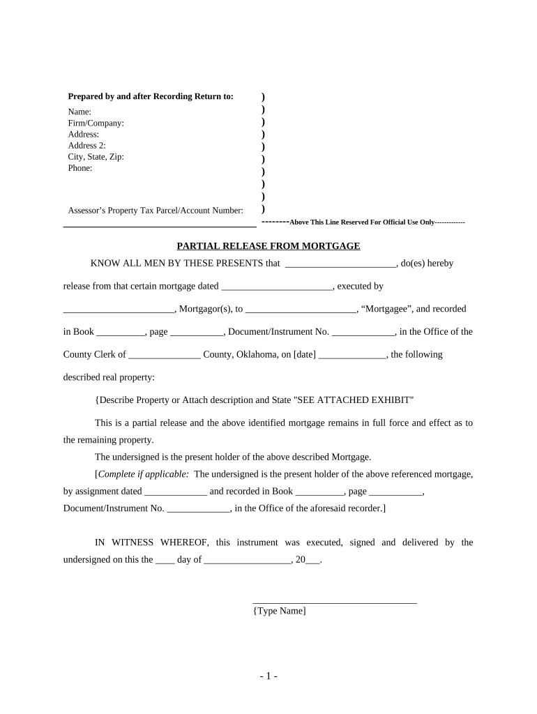 Partial Release of Property from Mortgage by Individual Holder Oklahoma  Form