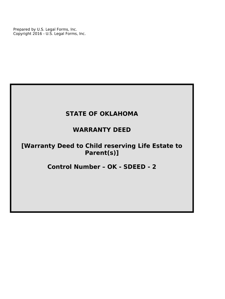Warranty Deed for Parents to Child with Reservation of Life Estate Oklahoma  Form