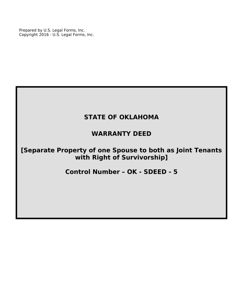 Warranty Deed to Separate Property of One Spouse to Both Spouses as Joint Tenants Oklahoma  Form
