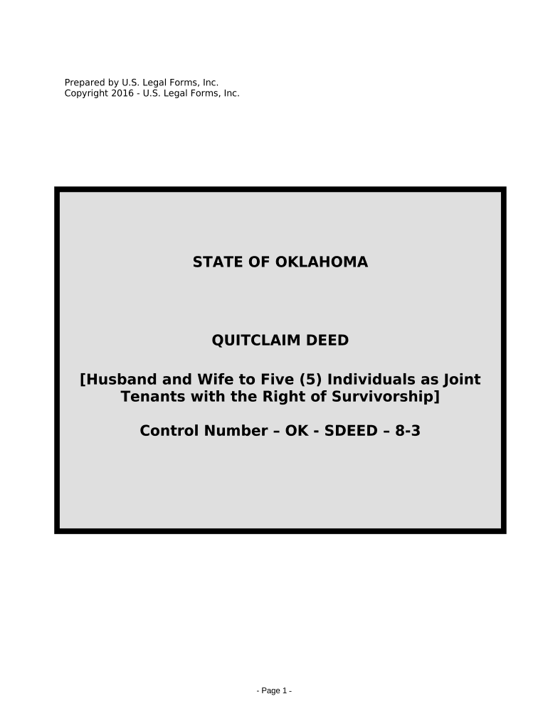 Quitclaim Deed from Husband and Wife to Five Individuals as Joint Tenants with Right of Survivorship Oklahoma  Form