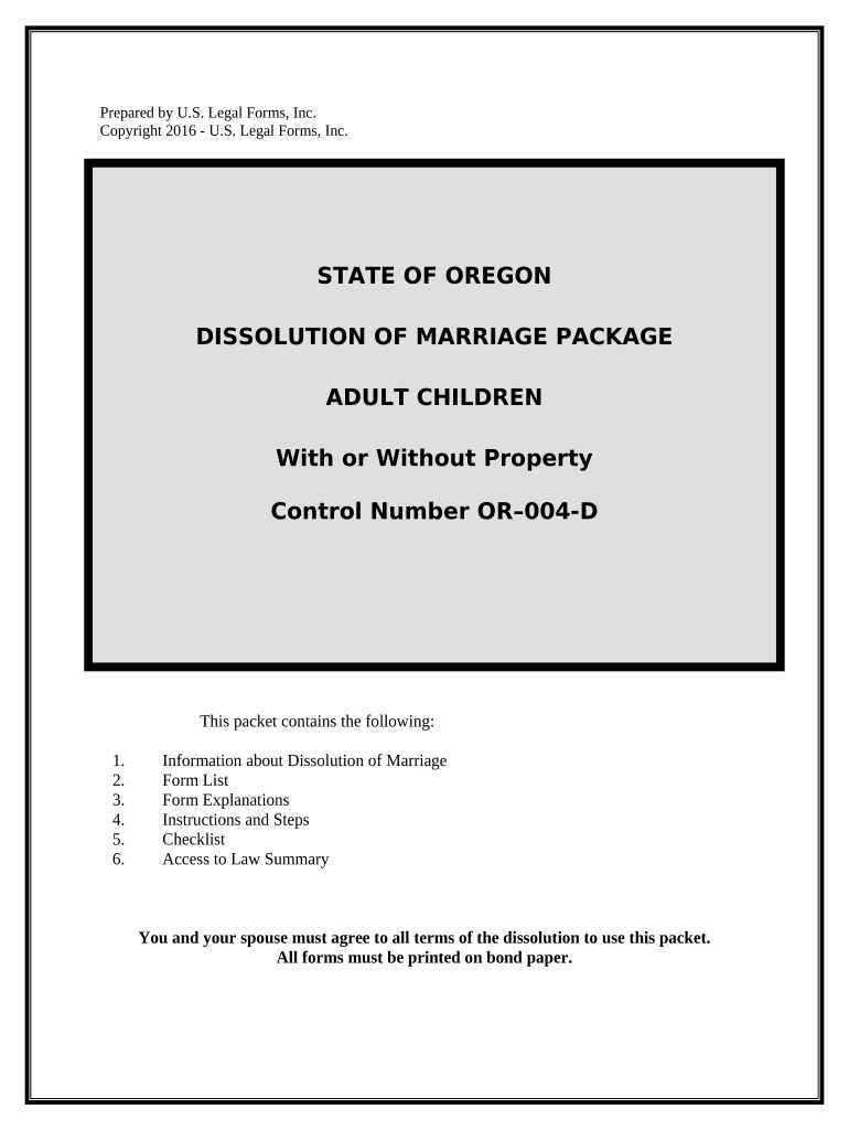 No Fault Uncontested Agreed Divorce Package for Dissolution of Marriage with Adult Children and with or Without Property and Deb  Form