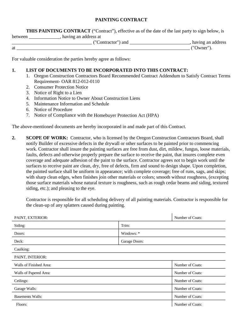Painting Contract for Contractor Oregon  Form