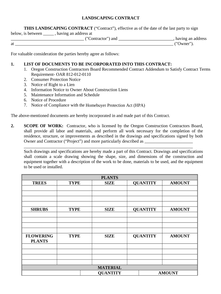 Landscape Contract for Contractor Oregon  Form