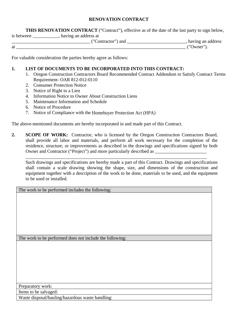 Renovation Contract for Contractor Oregon  Form