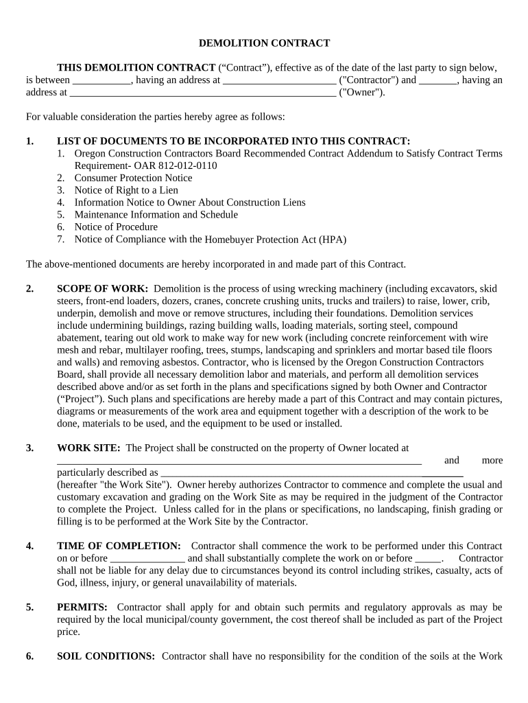 Demolition Contract for Contractor Oregon  Form