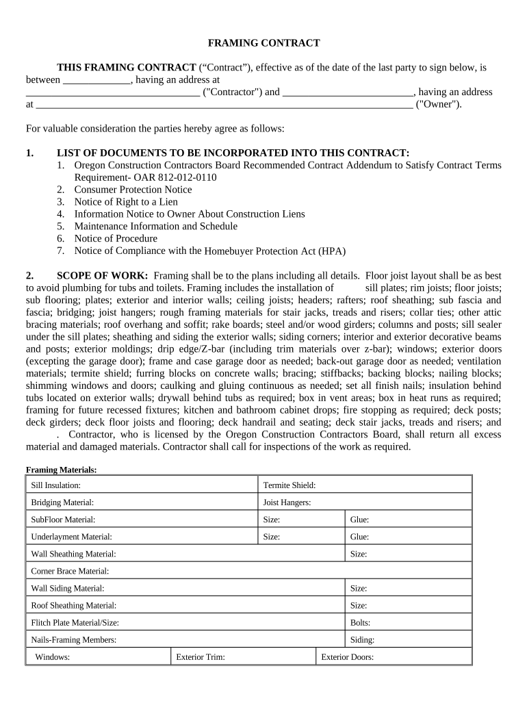 Framing Contract for Contractor Oregon  Form