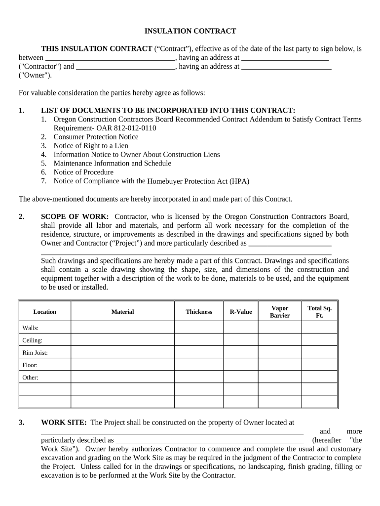 Insulation Contract for Contractor Oregon  Form