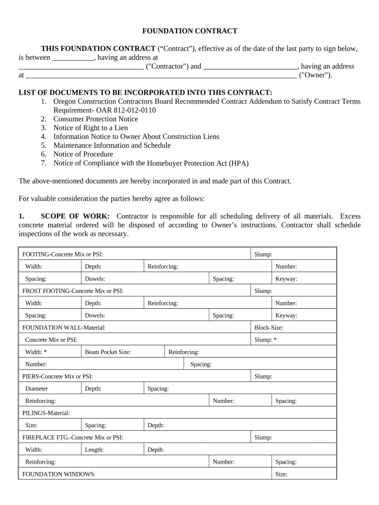 Foundation Contract for Contractor Oregon  Form