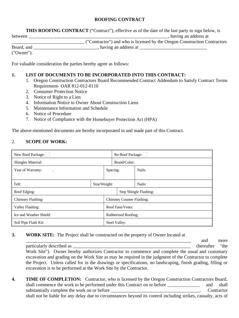 Roofing Contract for Contractor Oregon  Form