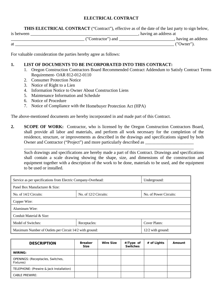 Electrical Contract for Contractor Oregon  Form
