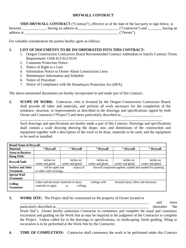 Sheetrock Drywall Contract for Contractor Oregon  Form