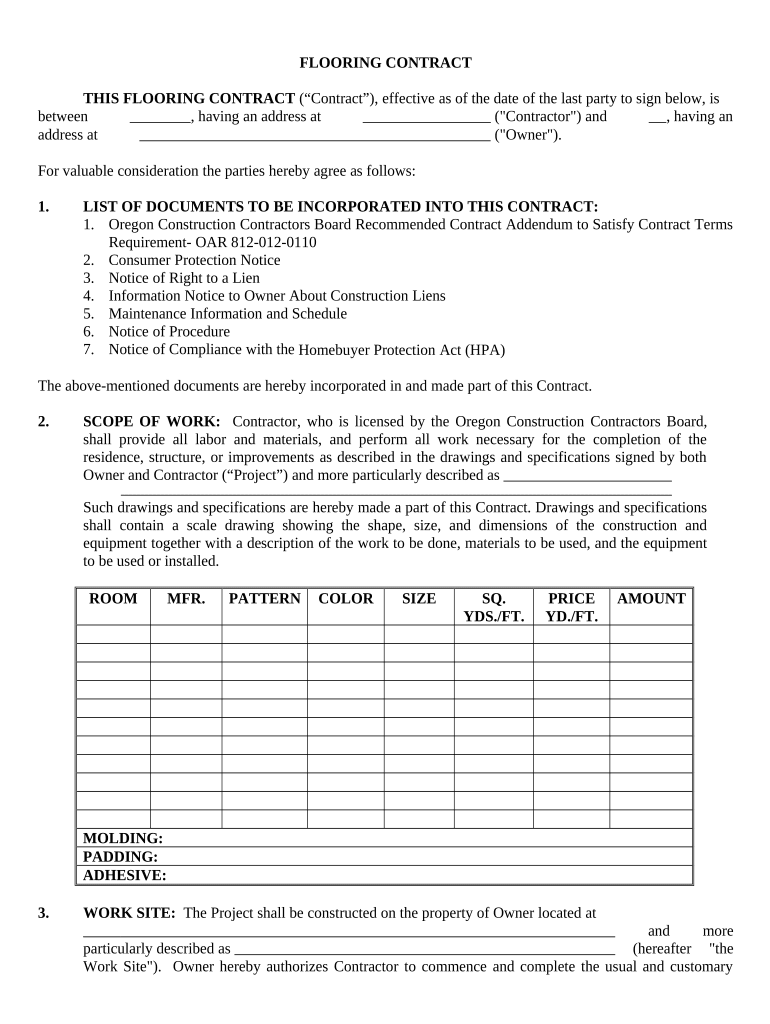 Flooring Contract for Contractor Oregon  Form