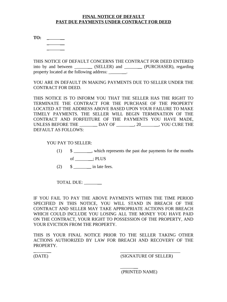 Final Notice of Default for Past Due Payments in Connection with Contract for Deed Oregon  Form