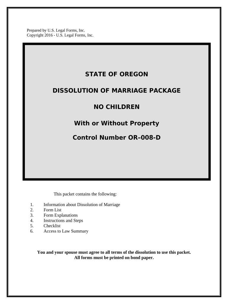 No Fault Agreed Uncontested Divorce Package for Dissolution of Marriage for Persons with No Children with or Without Property an  Form