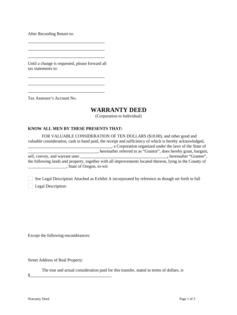 Warranty Deed from Corporation to Individual Oregon  Form