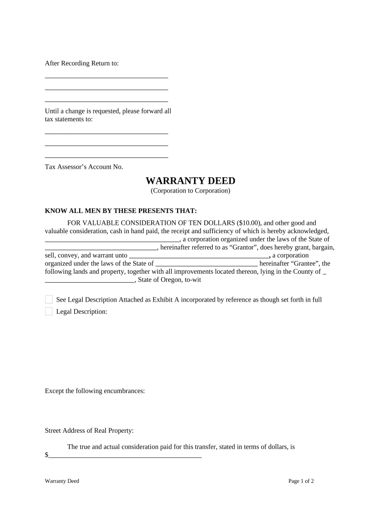 Warranty Deed from Corporation to Corporation Oregon  Form