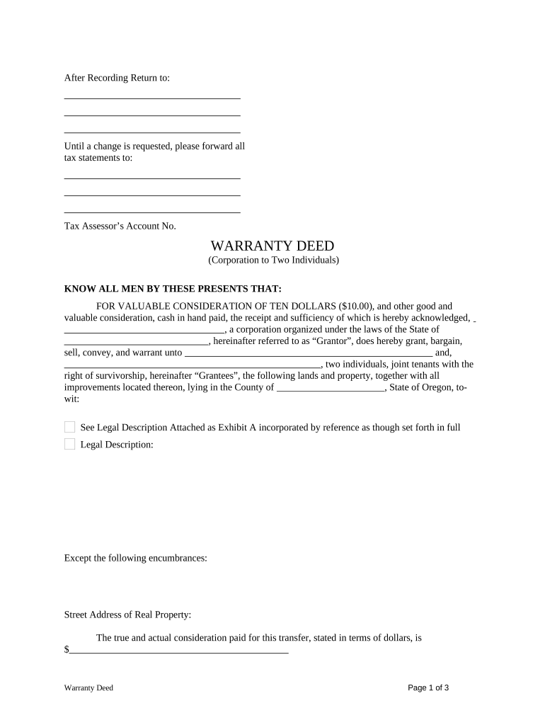 Warranty Deed from Corporation to Two Individuals Oregon  Form