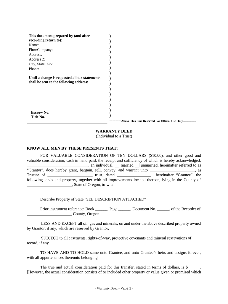 Warranty Deed from Individual to a Trust Oregon  Form