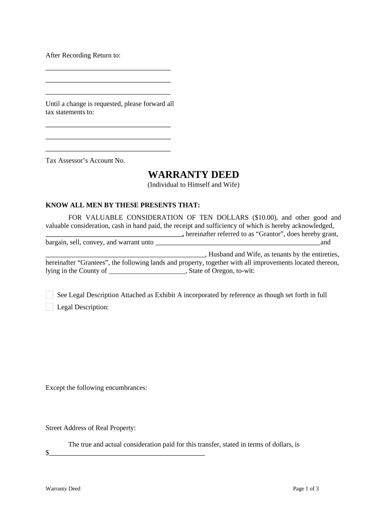 Warranty Deed from Husband to Himself and Wife Oregon  Form