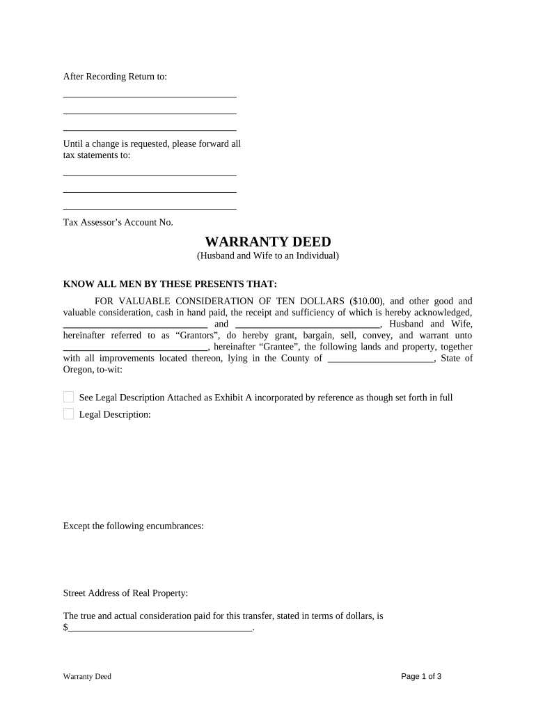 Warranty Deed from Husband and Wife to an Individual Oregon  Form