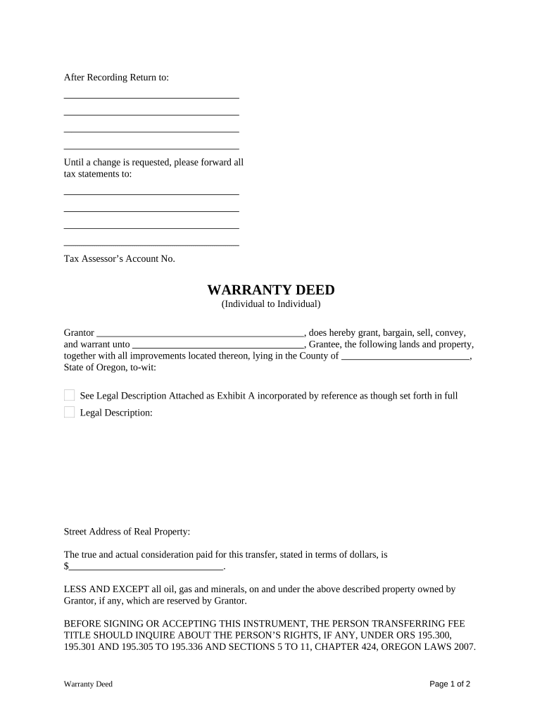 Warranty Deed from Individual to Individual Oregon  Form