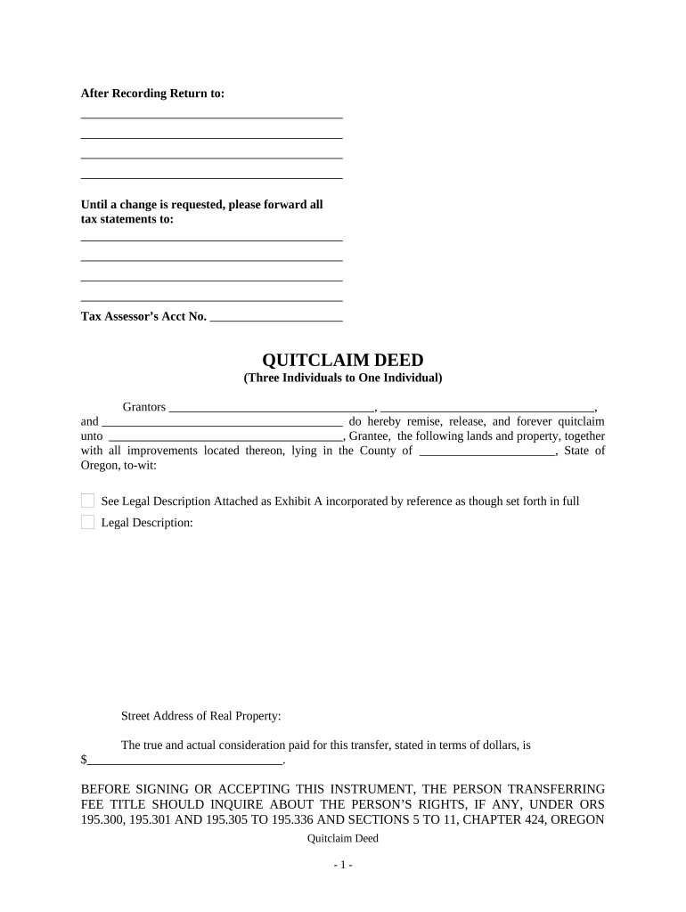 Quitclaim Deed Three Individuals to One Individual Oregon  Form