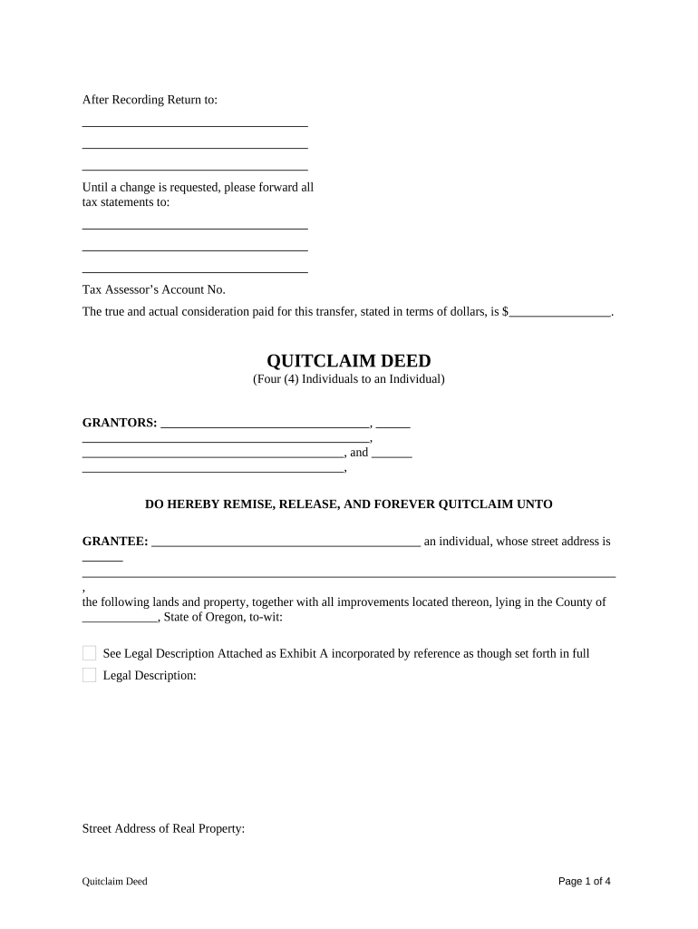 Quitclaim Deed from Four Individuals to One Individual Oregon Form