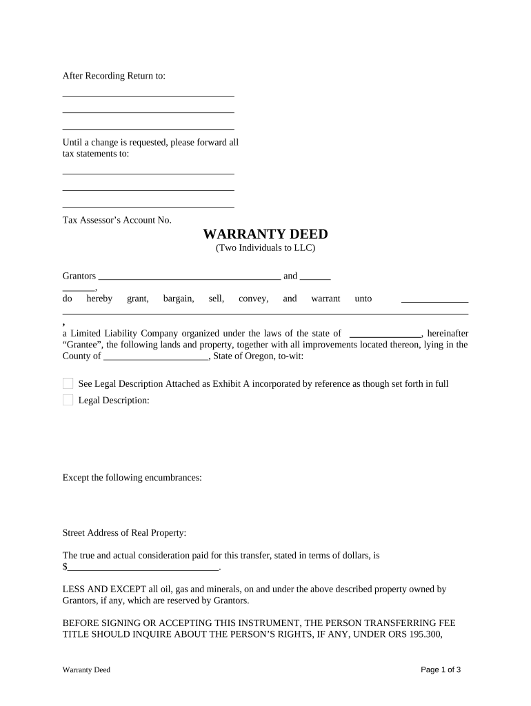 Warranty Deed from Two Individuals to LLC Oregon  Form