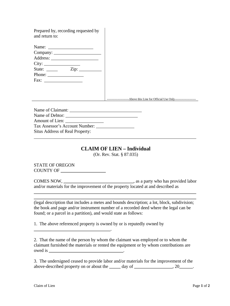 Claim of Lien by Individual Oregon  Form