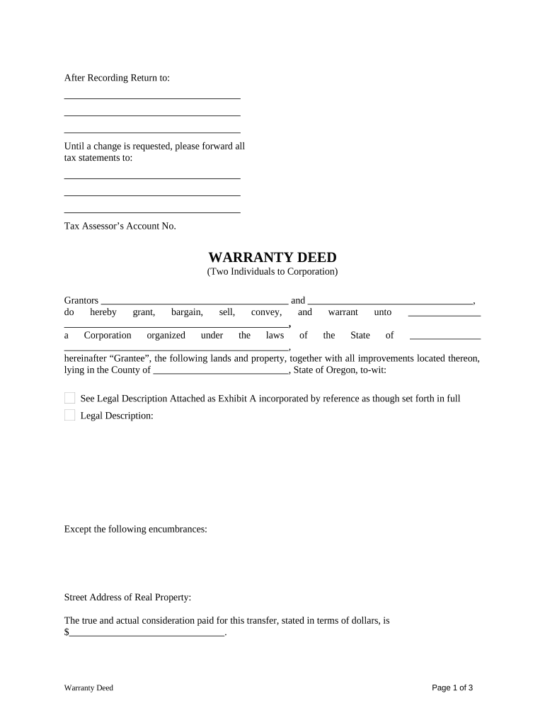 Warranty Deed from Two Individuals to Corporation Oregon  Form