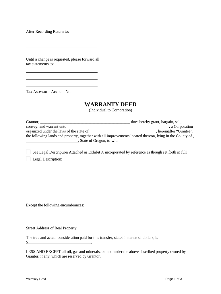 Warranty Deed from Individual to Corporation Oregon  Form