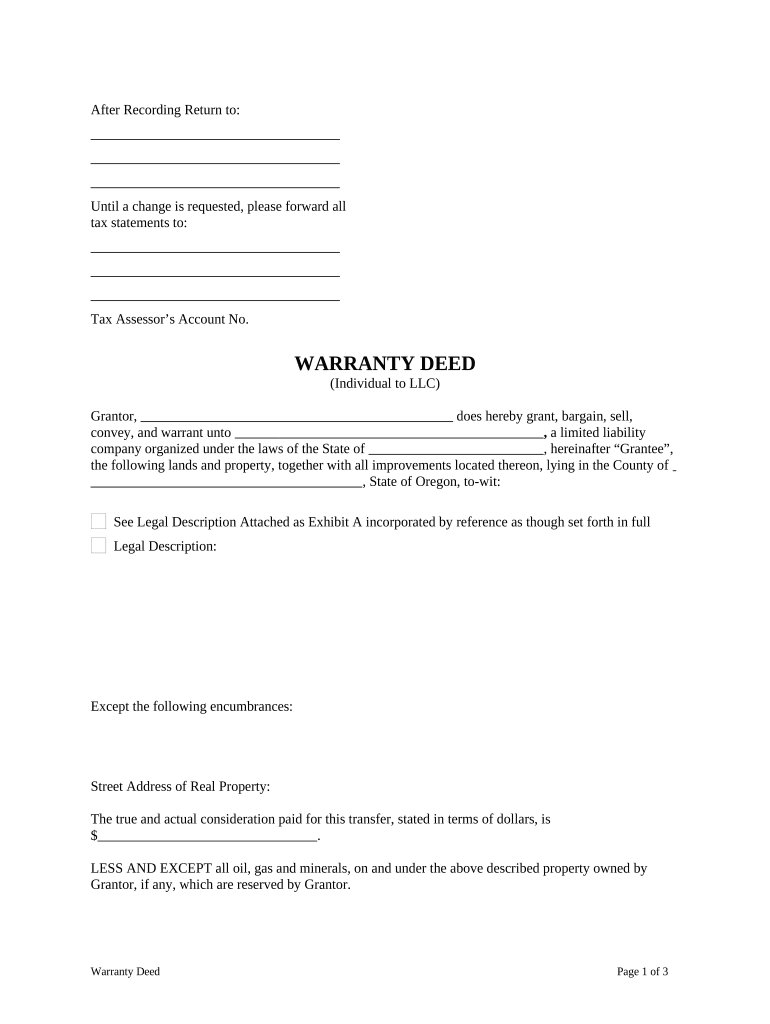 Warranty Deed from Individual to LLC Oregon  Form